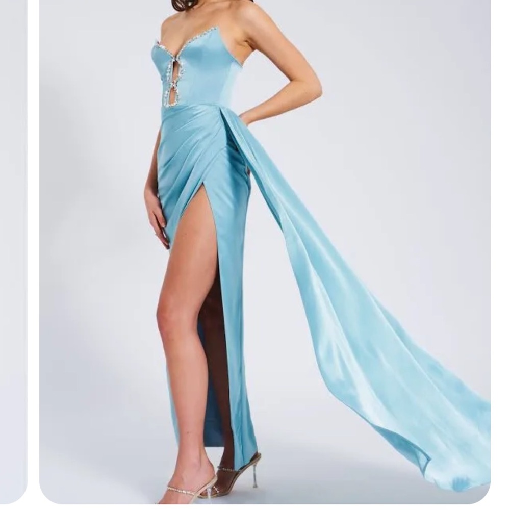 Miss Circle Marilyn Pale Blue Satin Crystal Embellished High Slit Gown